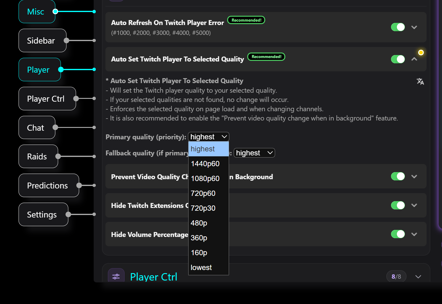 Previews settings panel showing the preferred quality and fallback quality dropdowns