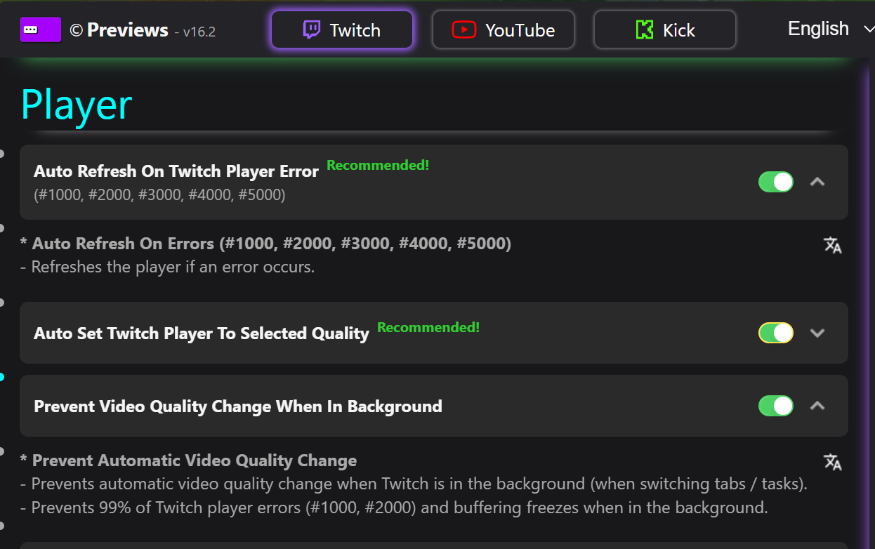 Previews settings panel showing the Auto Refresh on Player Errors toggle