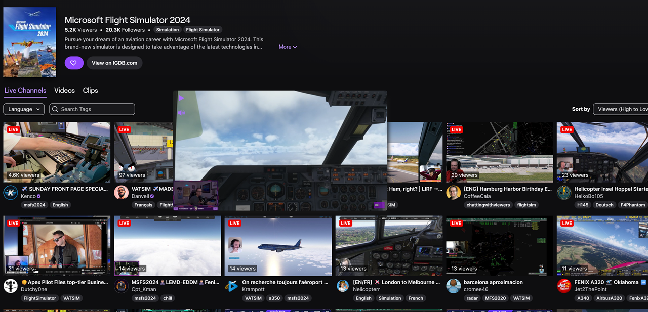 Twitch category browse page with the cursor hovering one stream thumbnail and a live preview playing in a window beside it
