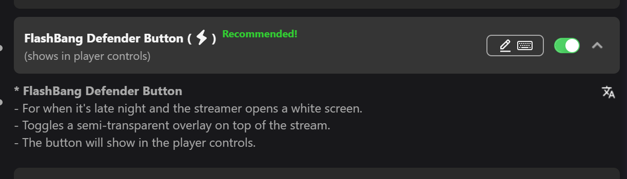 Previews settings panel with the FlashBang Defender Button toggle highlighted