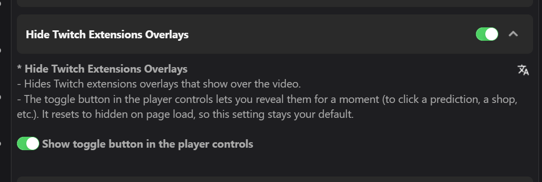 Previews settings panel showing the Hide Twitch Extensions Overlays toggle and its player-controls sub-toggle