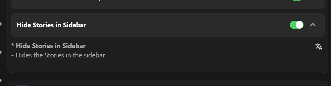 Previews settings panel showing the Hide Stories in Sidebar toggle