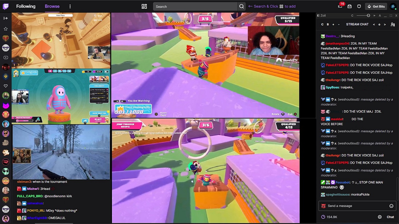 Browser window with five streams playing side by side - Twitch, YouTube, and Kick - with multiple chats showing at once