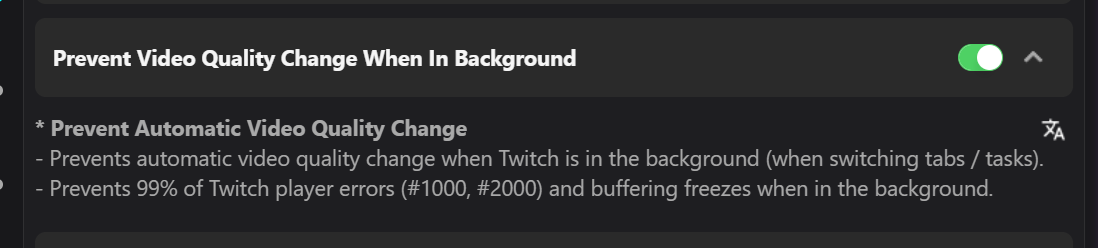 Previews settings panel showing the Prevent Video Quality Change When In Background toggle