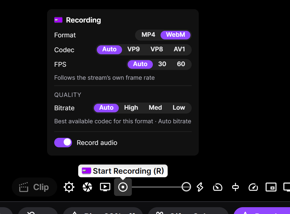 Twitch player with the Recording settings panel open, showing MP4 and WebM format options, codec choices, FPS, and quality bitrate settings above the record button in the player controls