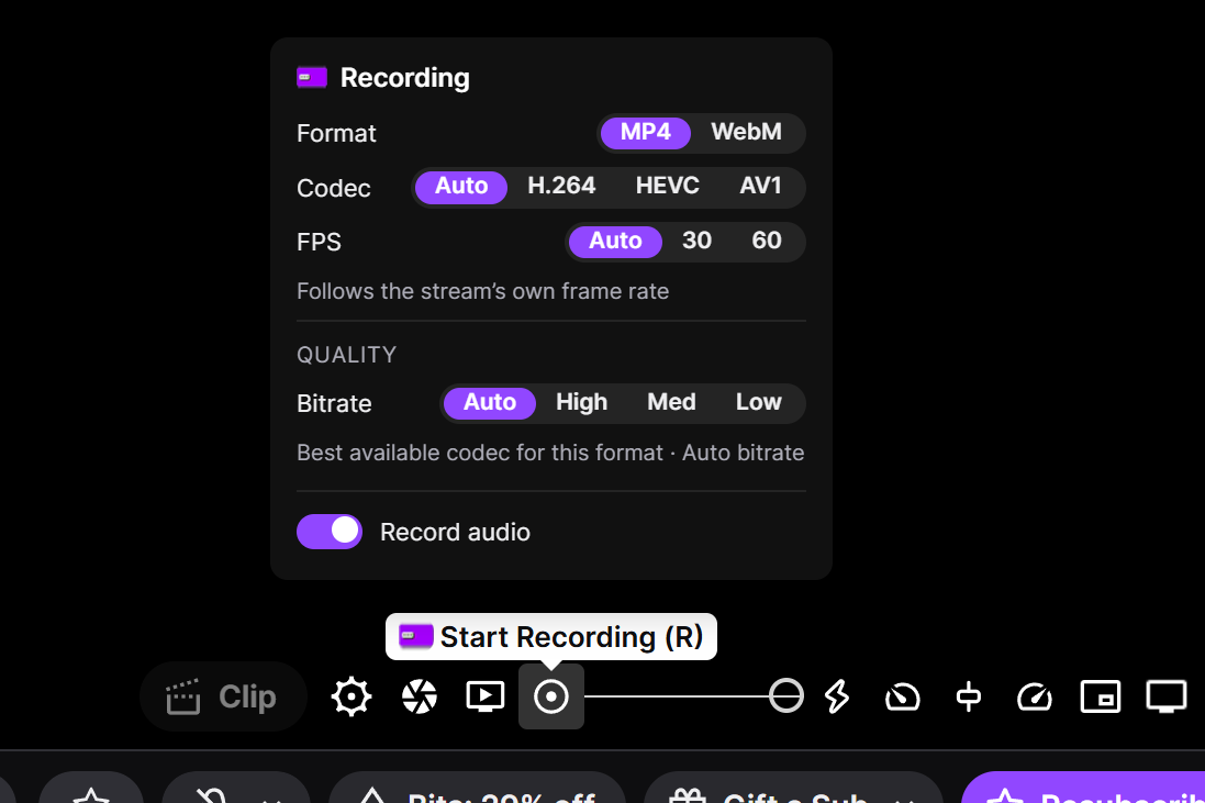 The Recording panel showing Format MP4/WebM, Codec row, FPS Auto/30/60, Quality bitrate, and a Record audio toggle