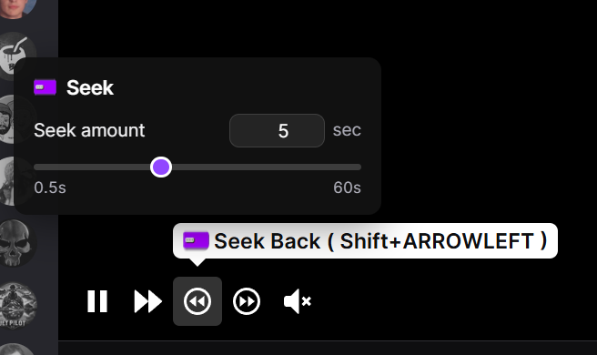Twitch player controls showing the rewind and forward seek buttons