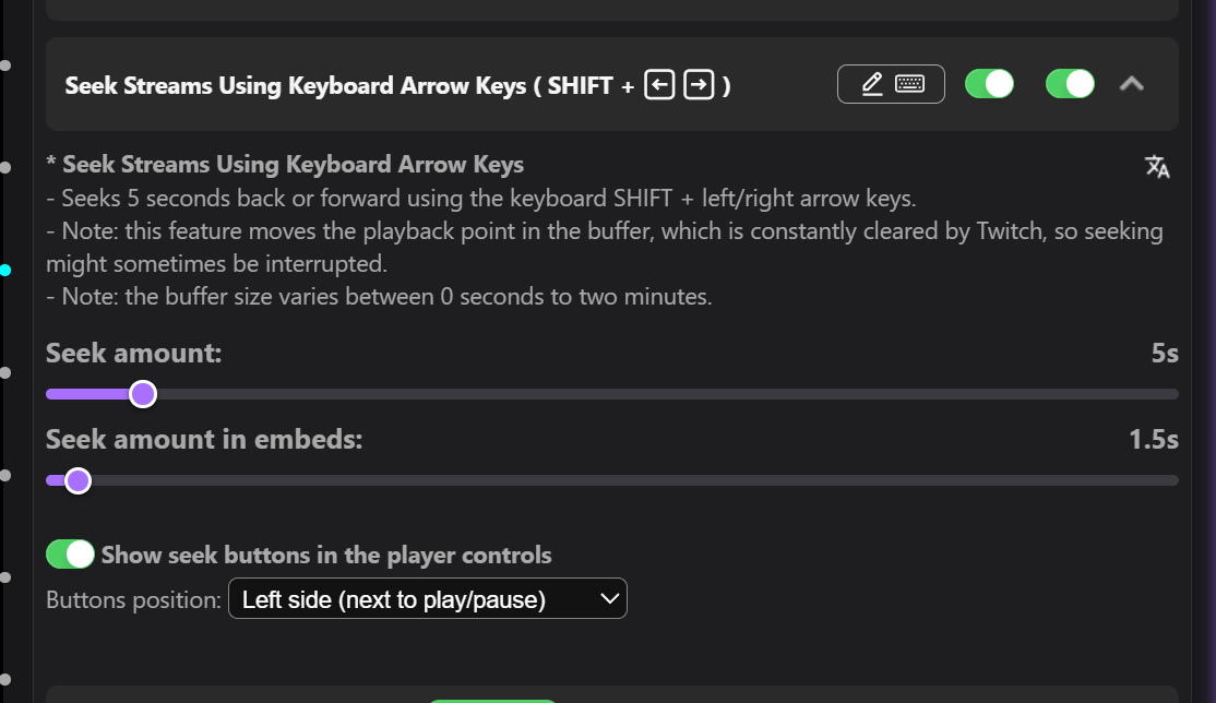 Previews settings panel showing the seek toggle, seek amount, and button position options