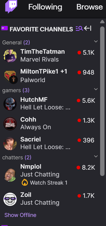 Twitch sidebar showing favorites organized into custom categories