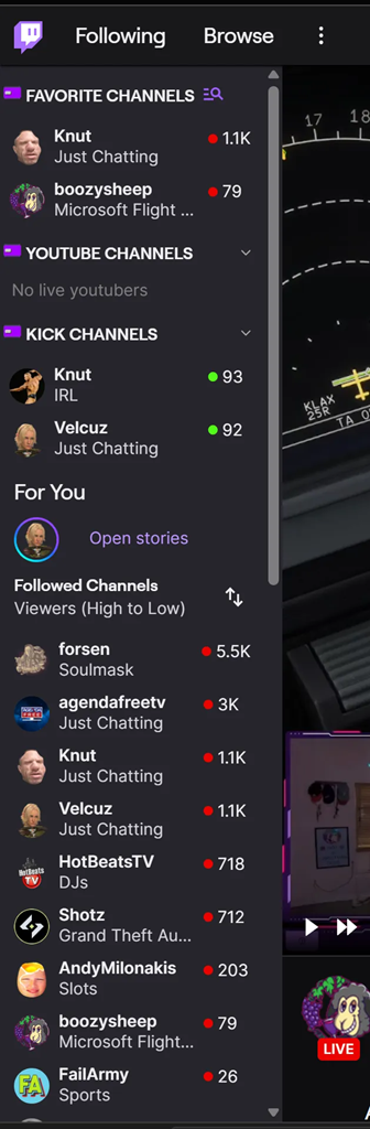 Twitch sidebar showing a pinned Favorites section at the top with the regular followed channels list below