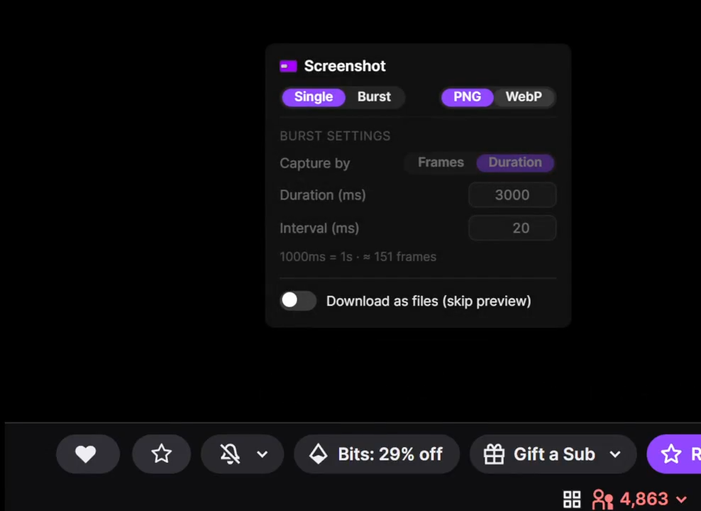 The Screenshot panel showing Single and Burst mode toggles, PNG and WebP format options, and burst settings