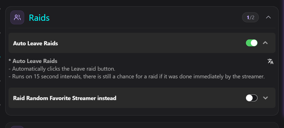 Previews settings panel showing the Auto Leave Raids and Raid Random Favorite toggles