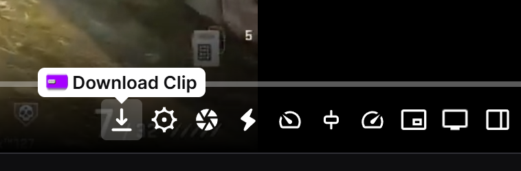 Close-up of a Twitch clip player with the Previews download icon highlighted in the player controls bar