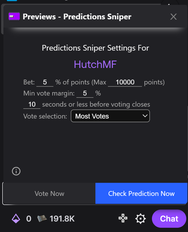 Predictions Sniper settings panel with vote selection dropdown, bet percentage input, max points input, min vote margin input, and seconds-before-close input visible
