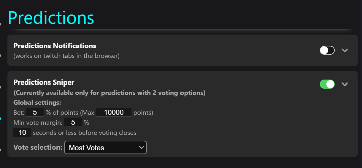 Predictions Sniper settings panel showing strategy dropdown set to Most Votes, with bet percentage 5%, max 10000 points, min vote margin 10%, and seconds 5