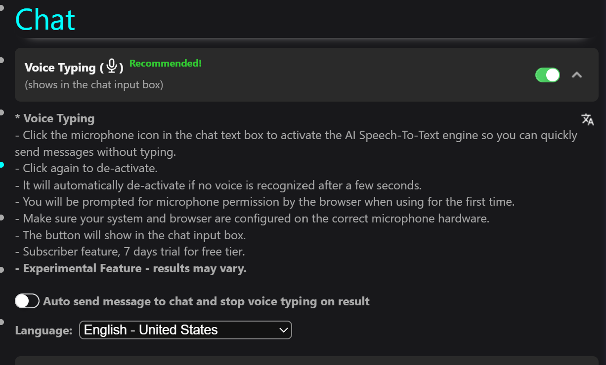 Previews settings panel showing the Voice Typing toggle, the Auto-send sub-toggle, and the language dropdown