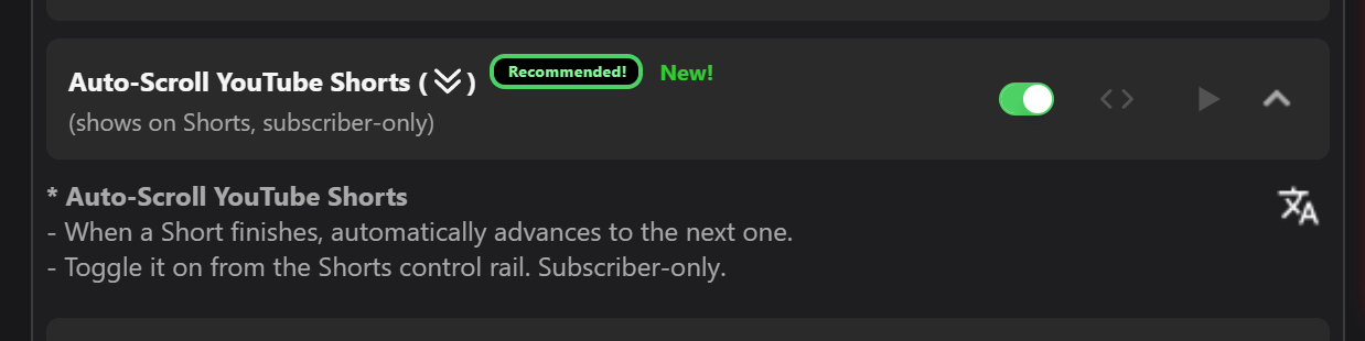 Auto-Scroll YouTube Shorts enabled in the Previews settings panel